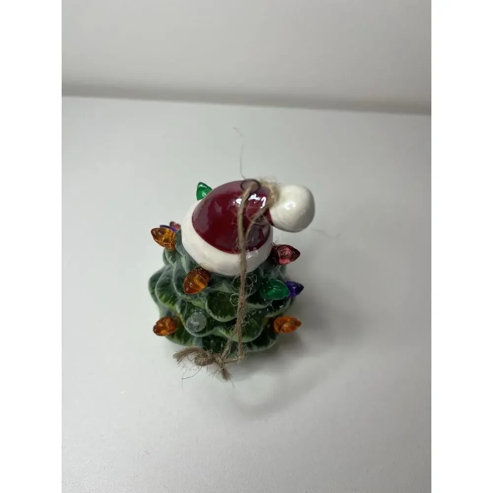 Green Ceramic Christmas Tree Light Up Ornament Santa Hat Working! VTG Xmas